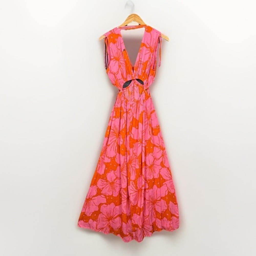 Z&L Dress Womens S Pink‎ Cotton Hawaiian Floral Cut Out Beaded Plunge Neck NWT - Picture 3 of 16